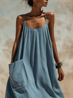 Slate Blue Linen-Blend Maxi Slip Dress - Oversized Pocketed Casual Dress