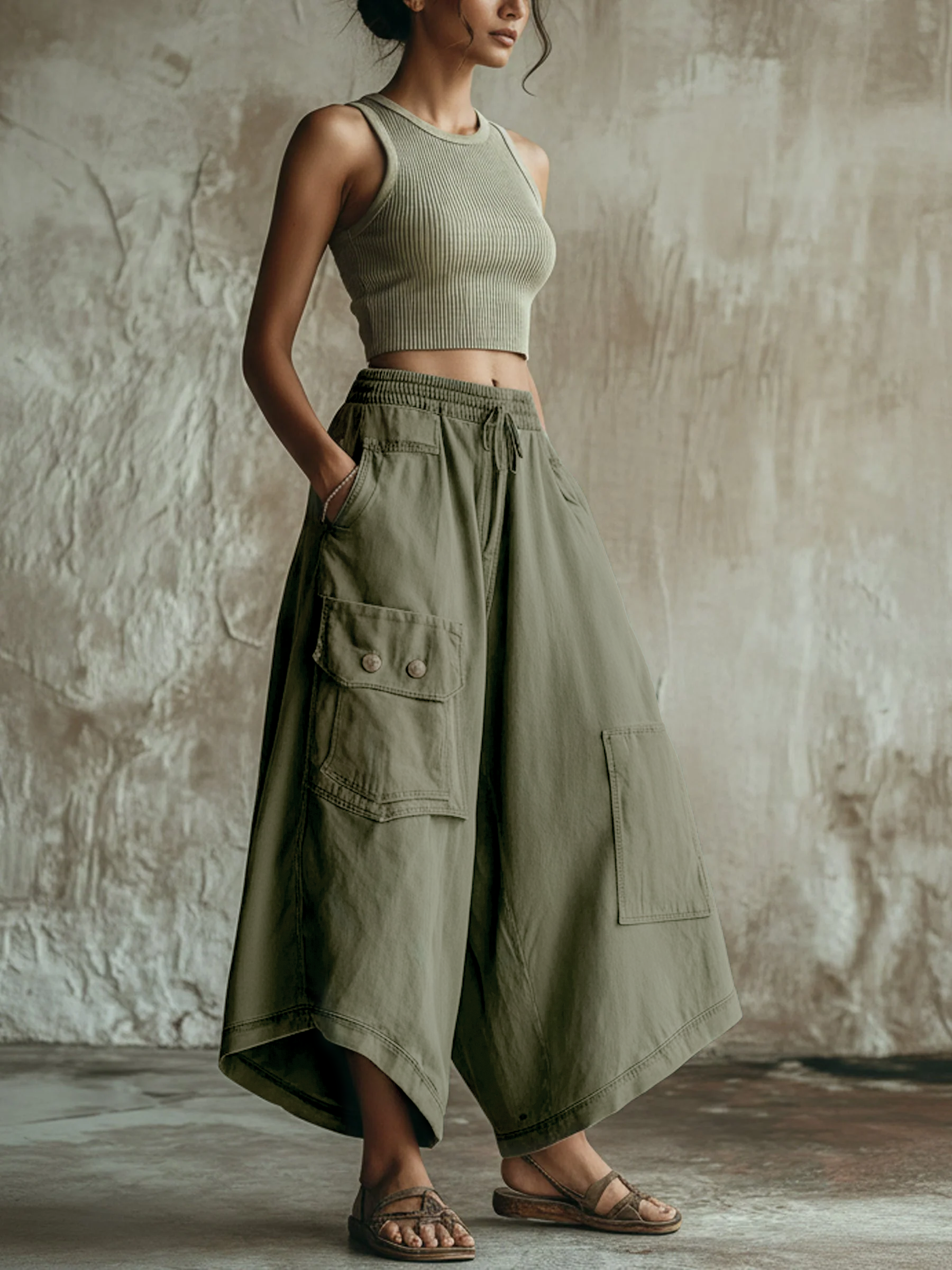 Olive Green Washed Denim Utility Wide-Leg Culottes