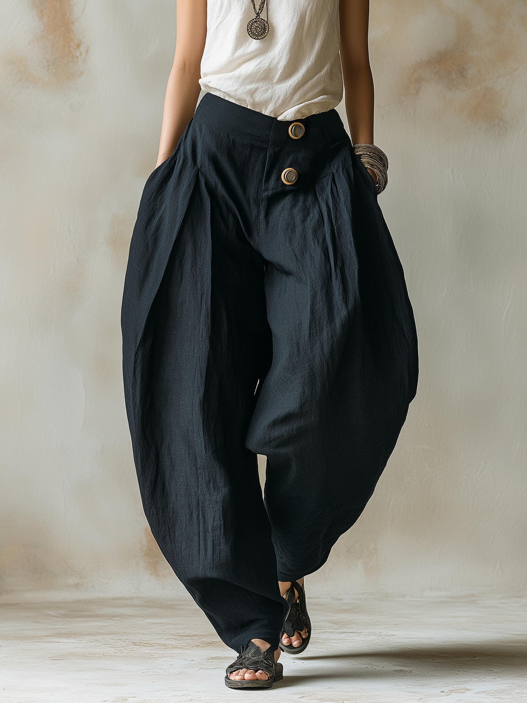 Black Linen Harem Pants With Button Detail