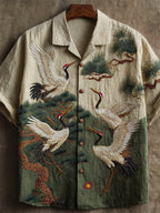 Japanese Cranes & Pine Trees Embroidered Contrast Linen Shirt