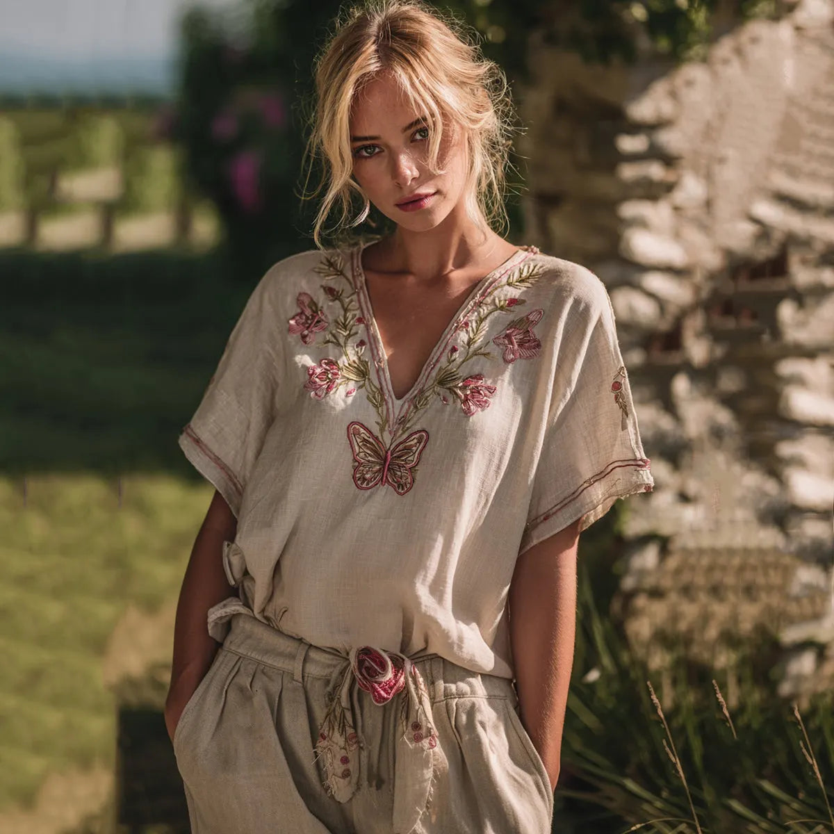 Cozy Pink Floral Butterfly Embroidery Short Sleeve Linen Blend T-shirt