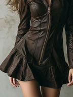 Brown Eco Leather Fitted Zip-Up Mini Dress With Flared Hem