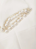 White Faux Pearl Knot Front Classic Boat Neck Short Sleeve Sheath Midi Dress