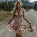 Women's Vintage Pink Rose Art V Neck Midi Dress