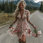 Women's Vintage Pink Rose Art V Neck Midi Dress