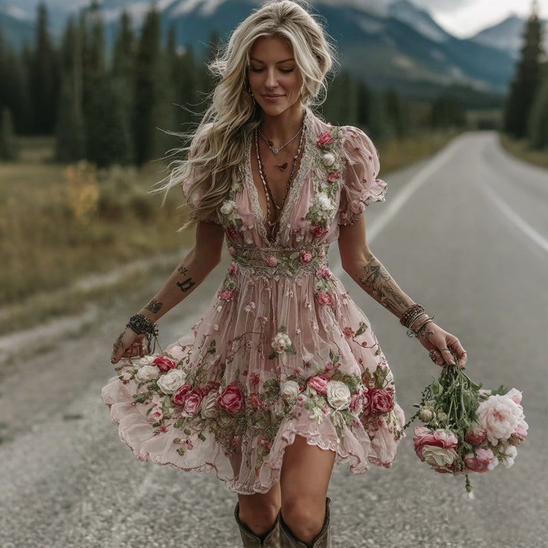 Women's Vintage Pink Rose Art V Neck Midi Dress