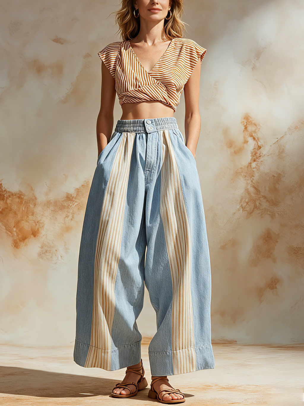 Striped Patchwork Denim Wide-Leg Pants With Pockets