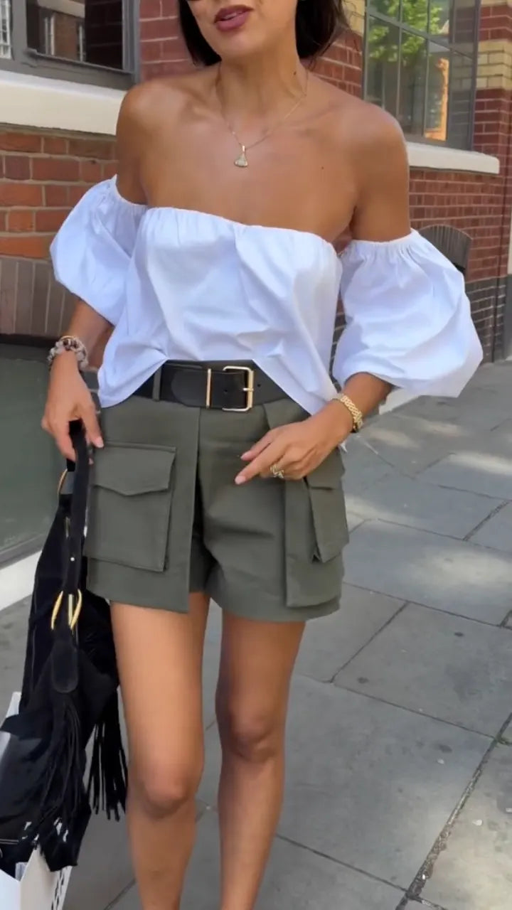 Off Shoulder Puff Sleeve Blouse & Olive Cargo Skort Outfit