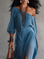 Bohemian One-Shoulder Flowing Slit Maxi Dress