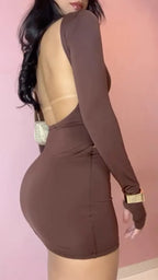 Brown Long Sleeve Cut‑Out Mini Dress