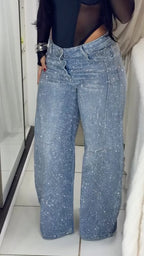 Over Rhinestone High Waist Wide Leg Jeans