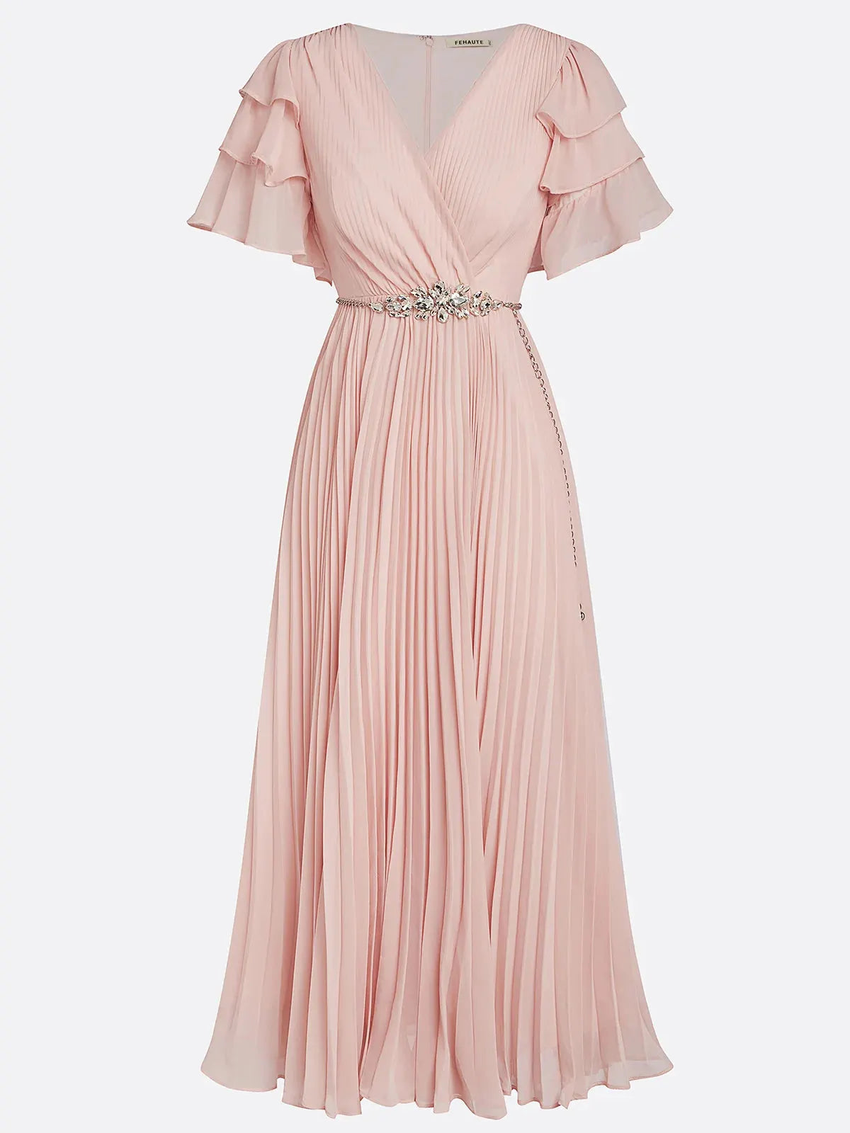 Pink Pleated Rhinestone Chiffon V Neck Short Sleeve Ruffle Sleeve A-Line Maxi Dress
