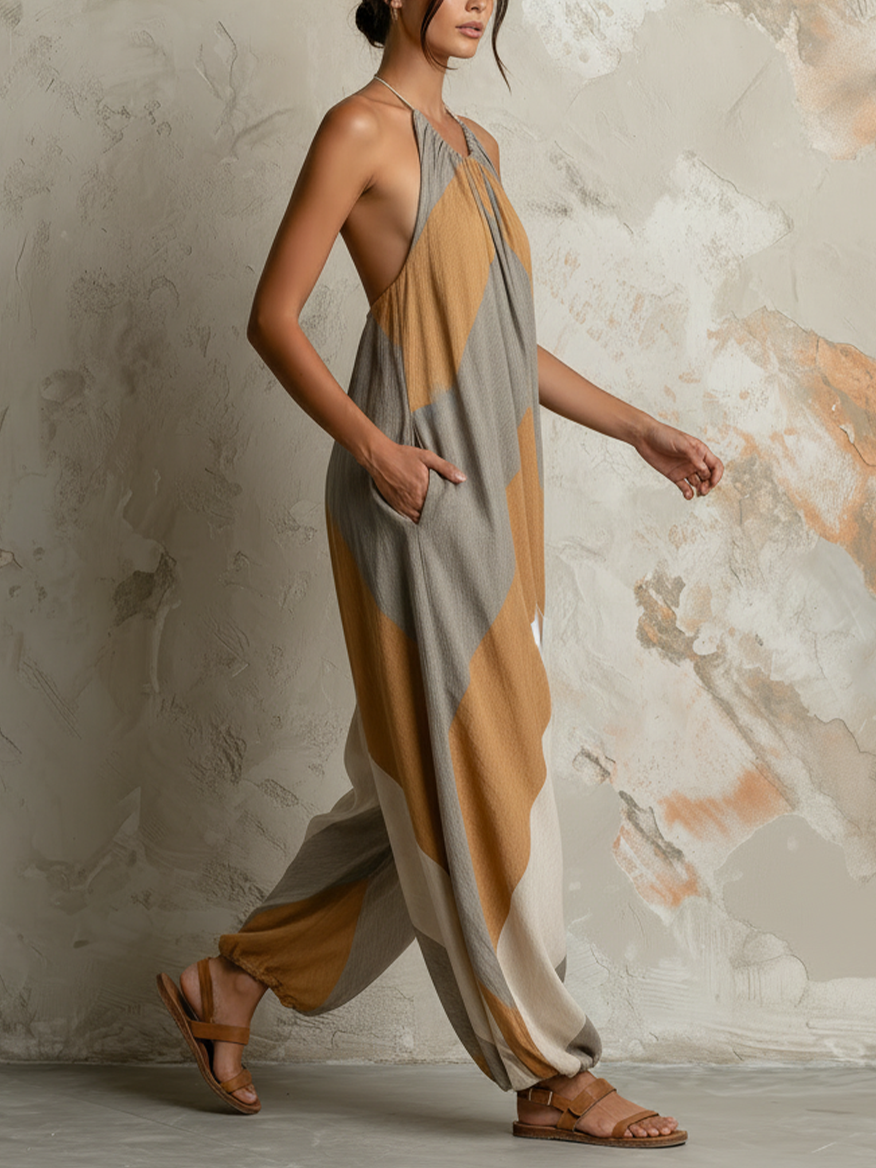 Boho Chevron Colorblock Halter Backless Harem Jumpsuit