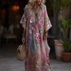 Vintage Boho Roses Embroidered Art Gradient V Neck Maxi Dress