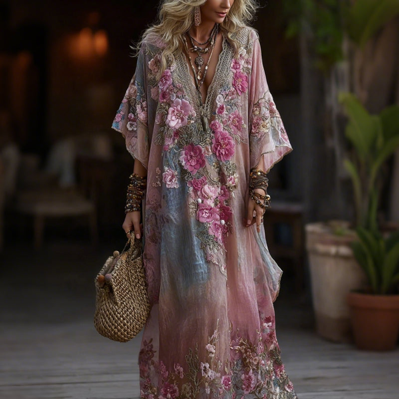 Vintage Boho Roses Embroidered Art Gradient V Neck Maxi Dress