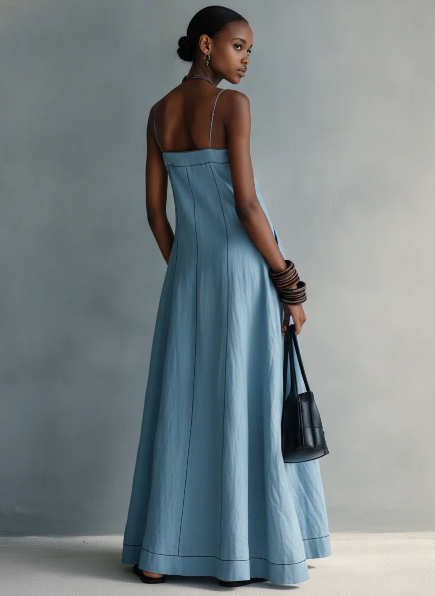 Light Blue Thin Stitch Linen Slip Maxi Dress