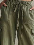 Olive Green High-Waist Wide-Leg Cargo Pants With Drawstring Waist