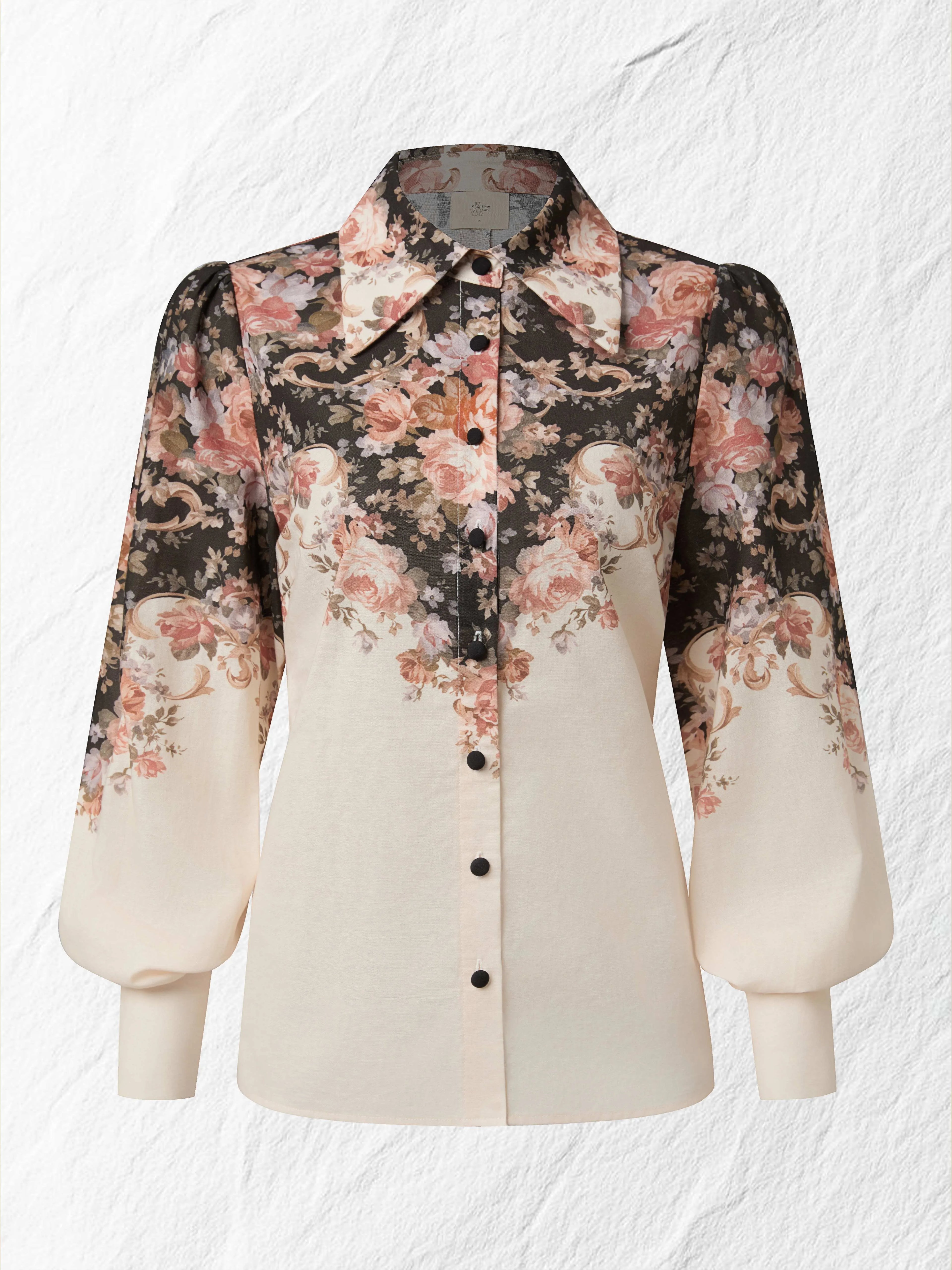 Cotton Shirt, Long Sleeves, Shawl Collar, Floral, Button Design, Vacation, Vintage, Apricot