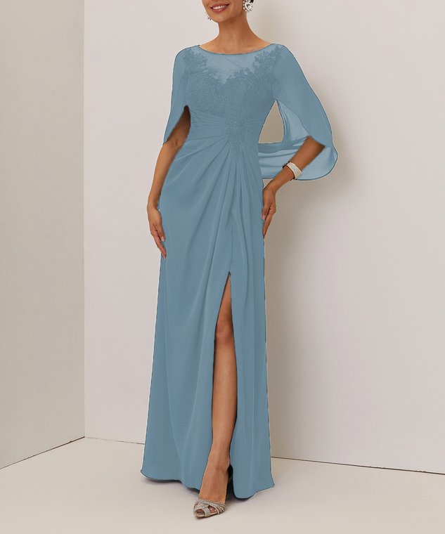 Purplish blue Lace Chiffon Boat Neck Short Sleeve A-Line Maxi Mother of the Bride or Groom Dress