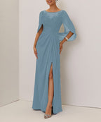 Purplish blue Lace Chiffon Boat Neck Short Sleeve A-Line Maxi Mother of the Bride or Groom Dress