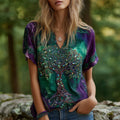 Women's Vintage Viking Tree Of Life Patchwork Casual Linen V-neck T-shirt