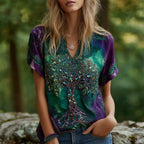 Women's Vintage Viking Tree Of Life Patchwork Casual Linen V-neck T-shirt