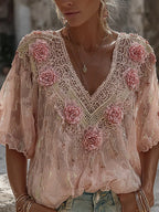 Women's Spring Floral Embroidered Art Flowy Linen Blend Short Sleeve Casual Tops