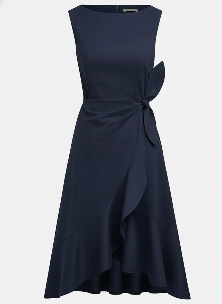 Navy Blue Asymmetric Ruffled Classic Boat Neck Sleeveless A-Line Midi Dress