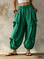 Emerald Green Bow-Detail Harem Pants - Casual Balloon Trousers