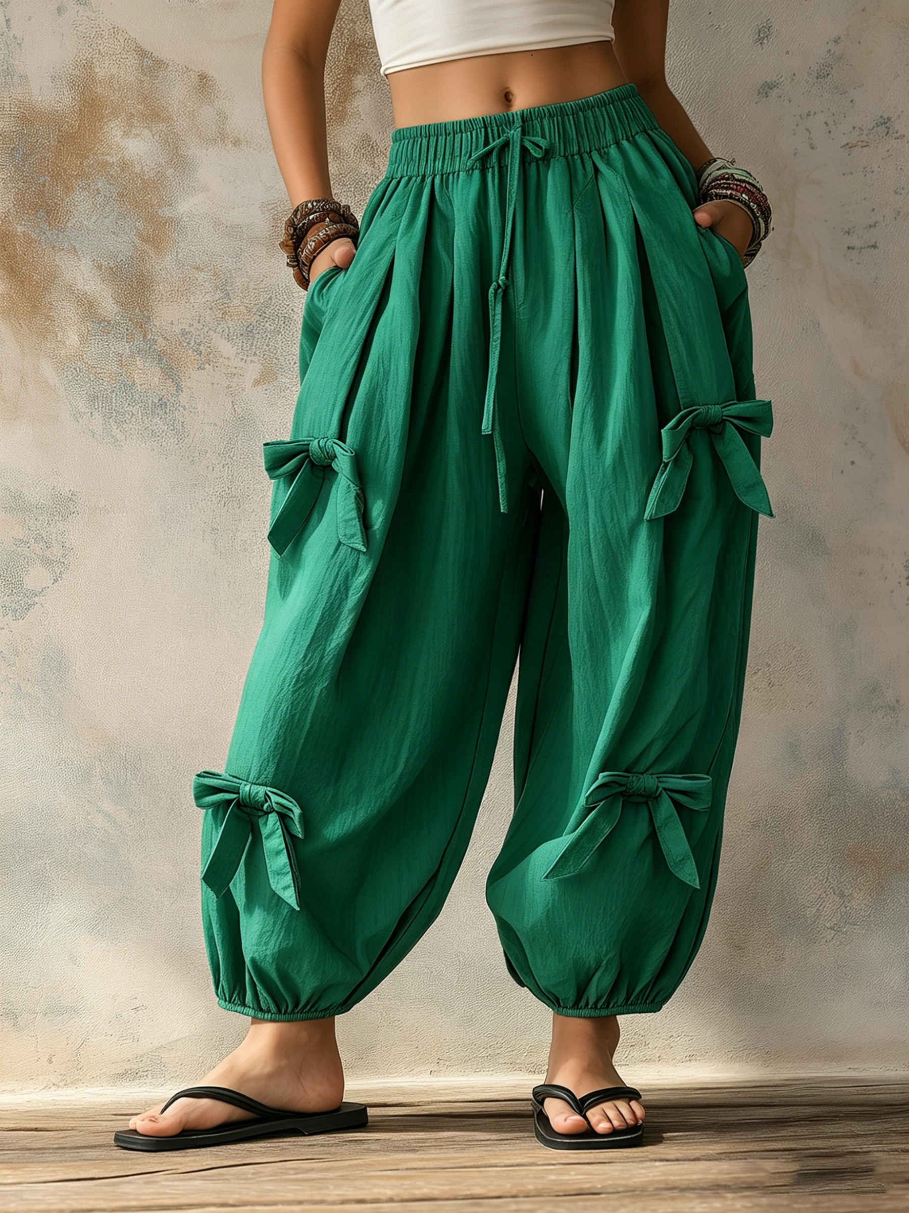 Emerald Green Bow-Detail Harem Pants - Casual Balloon Trousers