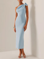 Blue Bow One-Shoulder Sheath Maxi Dress