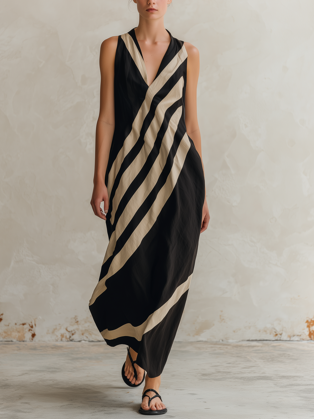 Black & Beige Diagonal Striped Sleeveless Maxi Dress
