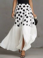 Black Off Shoulder Ruched Top And White Polka Dot Chiffon Pleated Skirt Set