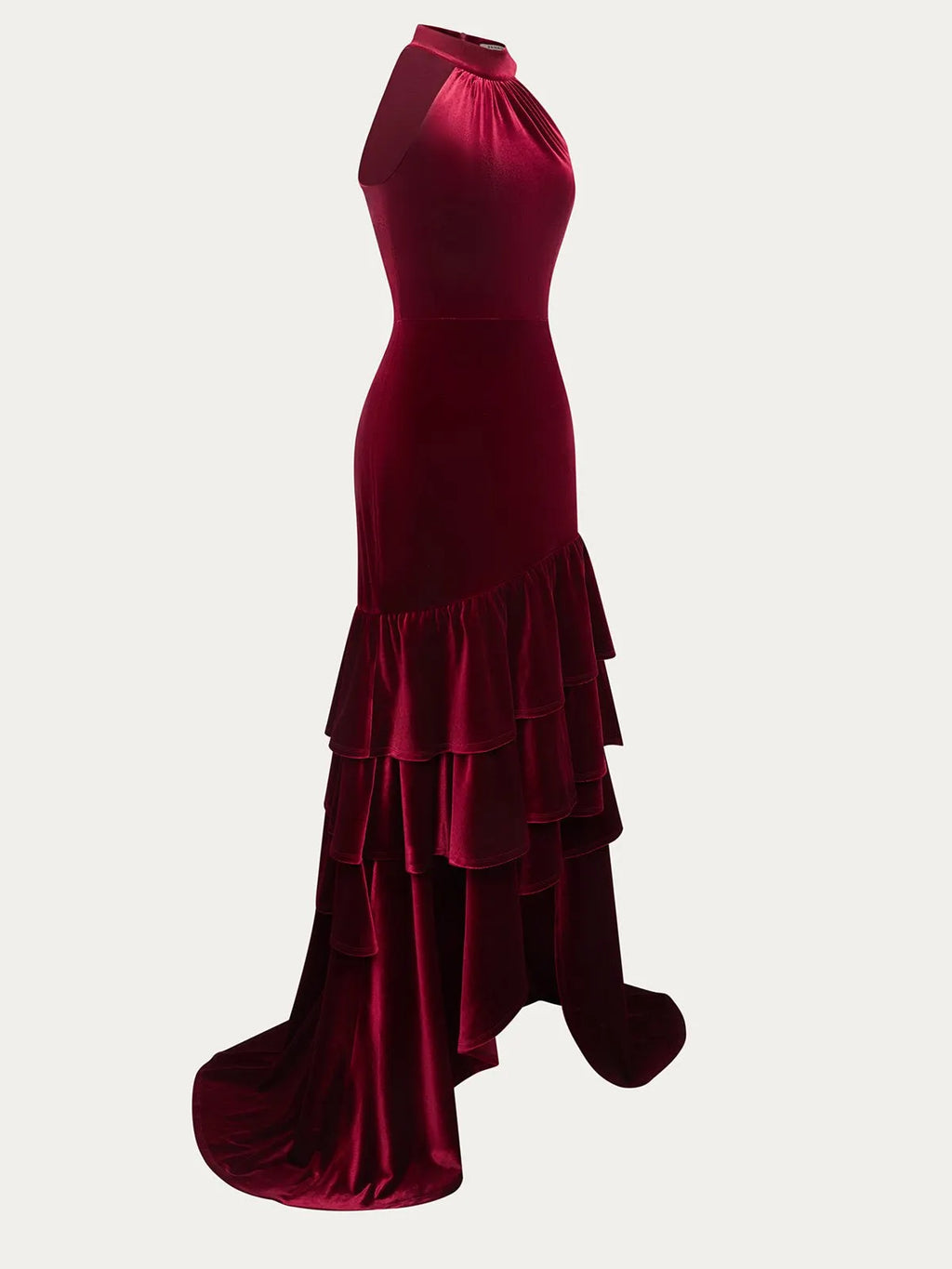 Burgundy Ruched Peplum Velvet Halter Sleeveless A-Line Gown Dress