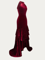 Burgundy Ruched Peplum Velvet Halter Sleeveless A-Line Gown Dress