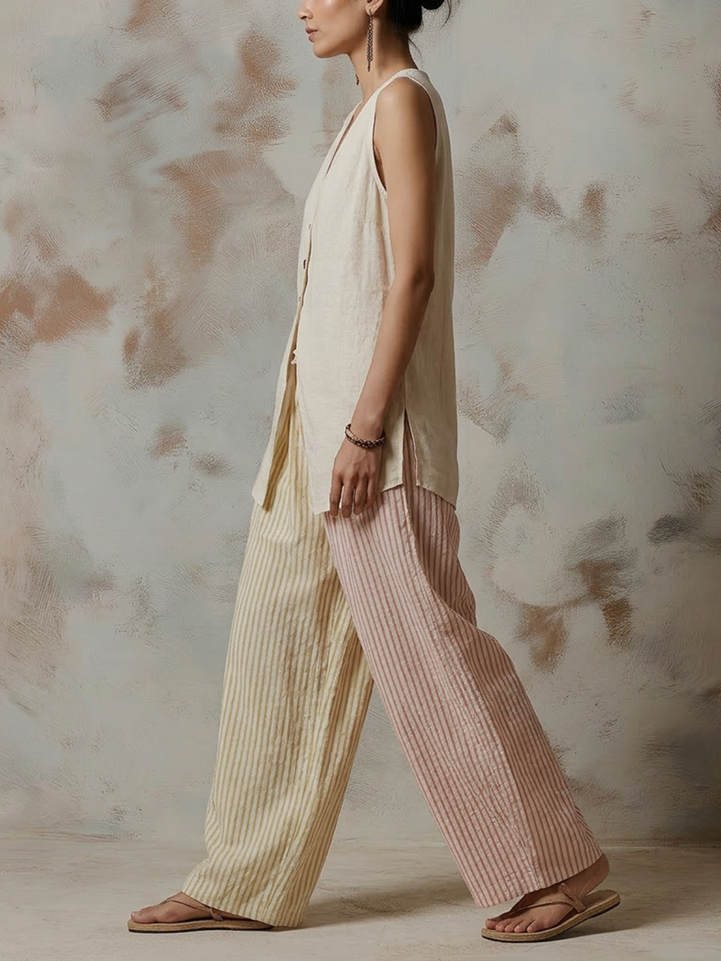 Linen Blend Sleeveless Vest & Two-Tone Striped Wide-Leg Pants Set