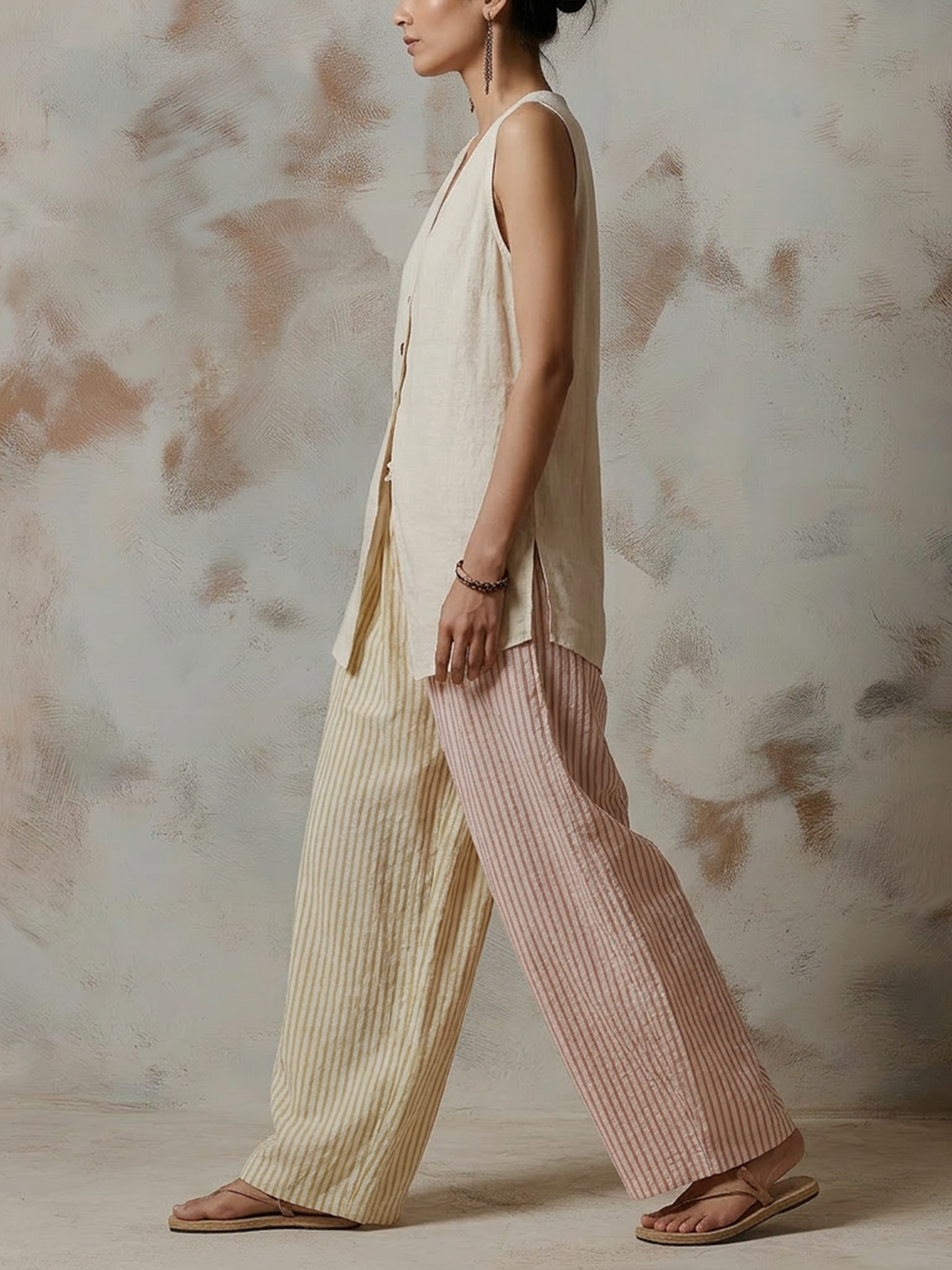 Linen Blend Sleeveless Vest & Two-Tone Striped Wide-Leg Pants Set