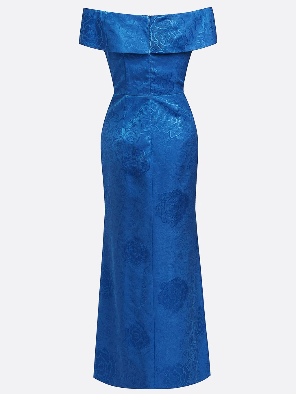 Blue Jacquard Floral Satin Off The Shoulder Sleeveless Sheath Maxi Dress