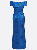 Blue Jacquard Floral Satin Off The Shoulder Sleeveless Sheath Maxi Dress