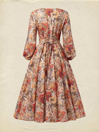 Midi Linen Dress, Long Sleeves, V Neck, Floral, Pocket Design, Vacation, Vintage, Yellow Brown