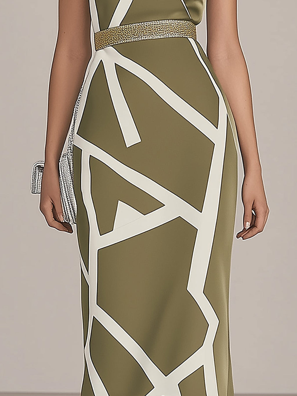 Olive Green Satin Dress With White Geometric Print And Gold Belt