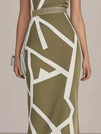 Olive Green Satin Dress With White Geometric Print And Gold Belt