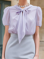 Elegant Lavender Bow Blouse & Grey Pencil Skirt Two-Piece Set