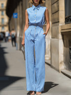 Striped Sleeveless Front-Button Wide-Leg Two-Piece Set