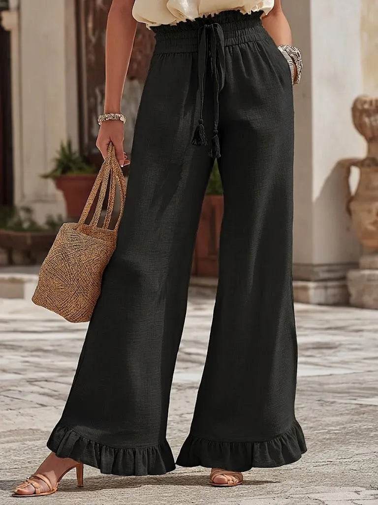 Casual Elastic-waist Linen-cotton Ruffled Pants