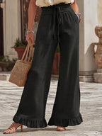 Casual Elastic-waist Linen-cotton Ruffled Pants