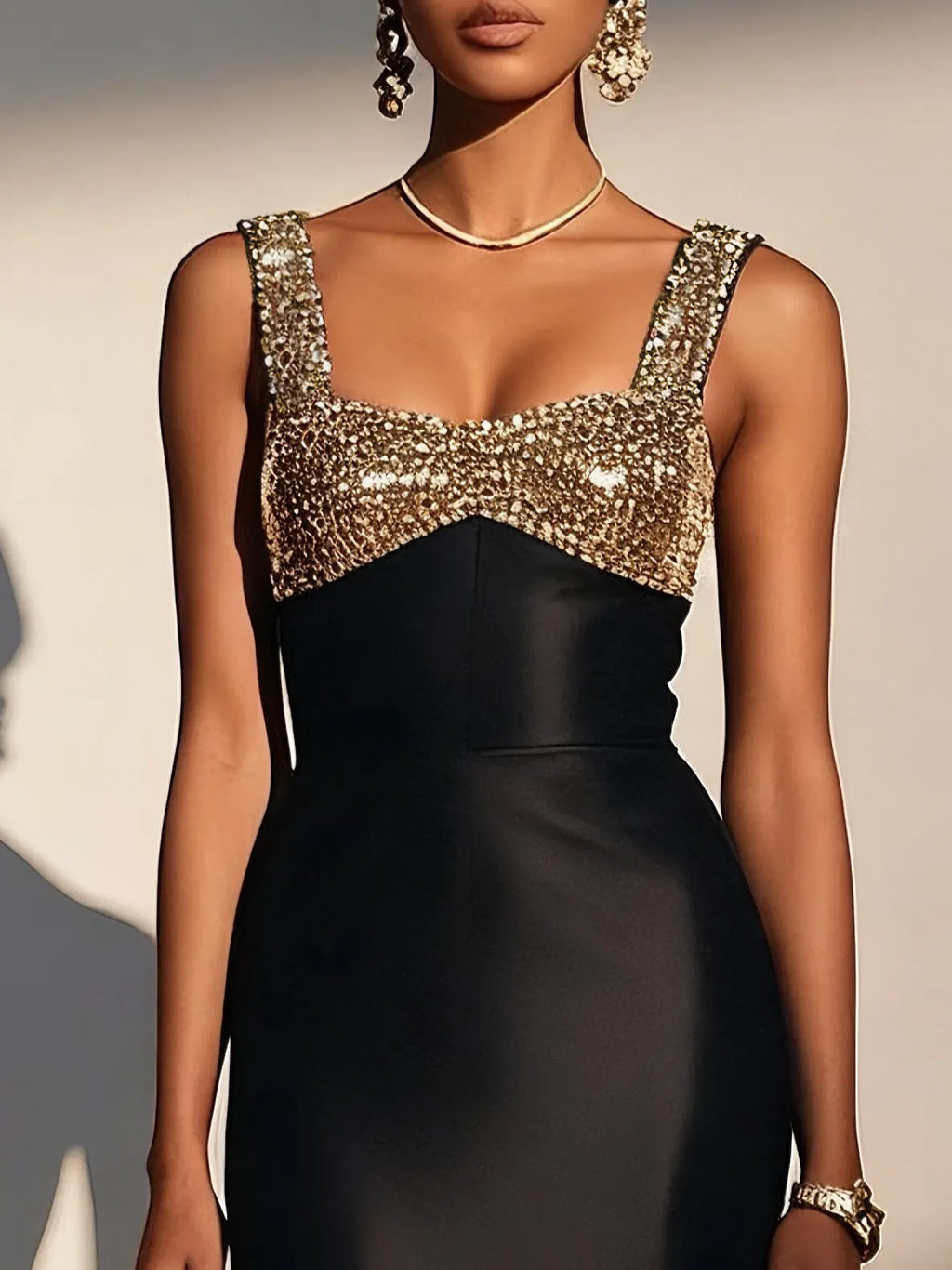 Black Gold Sequin Satin Spaghetti Gallus Sheath Maxi Dress