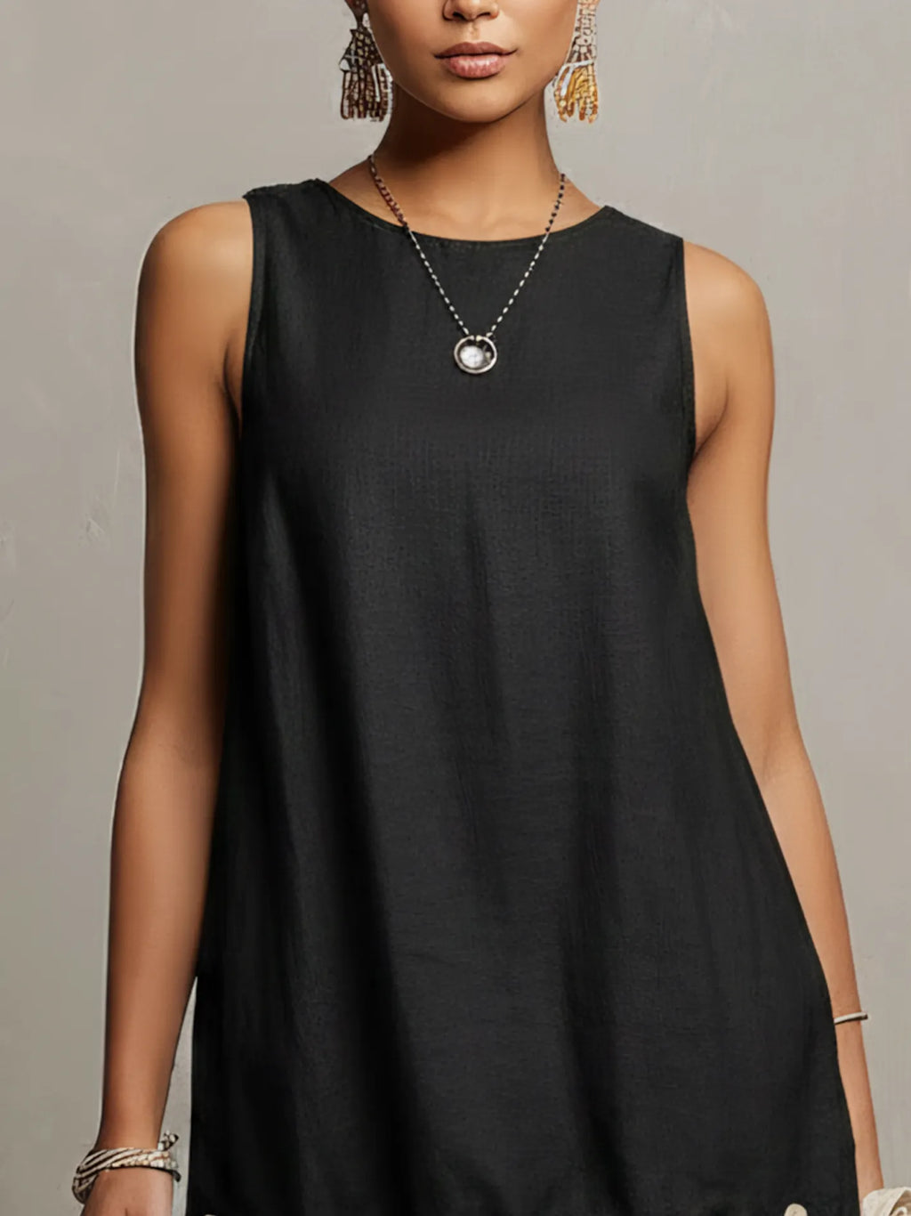 Black Cotton-Linen Mini Dress With 3D Floral Hem