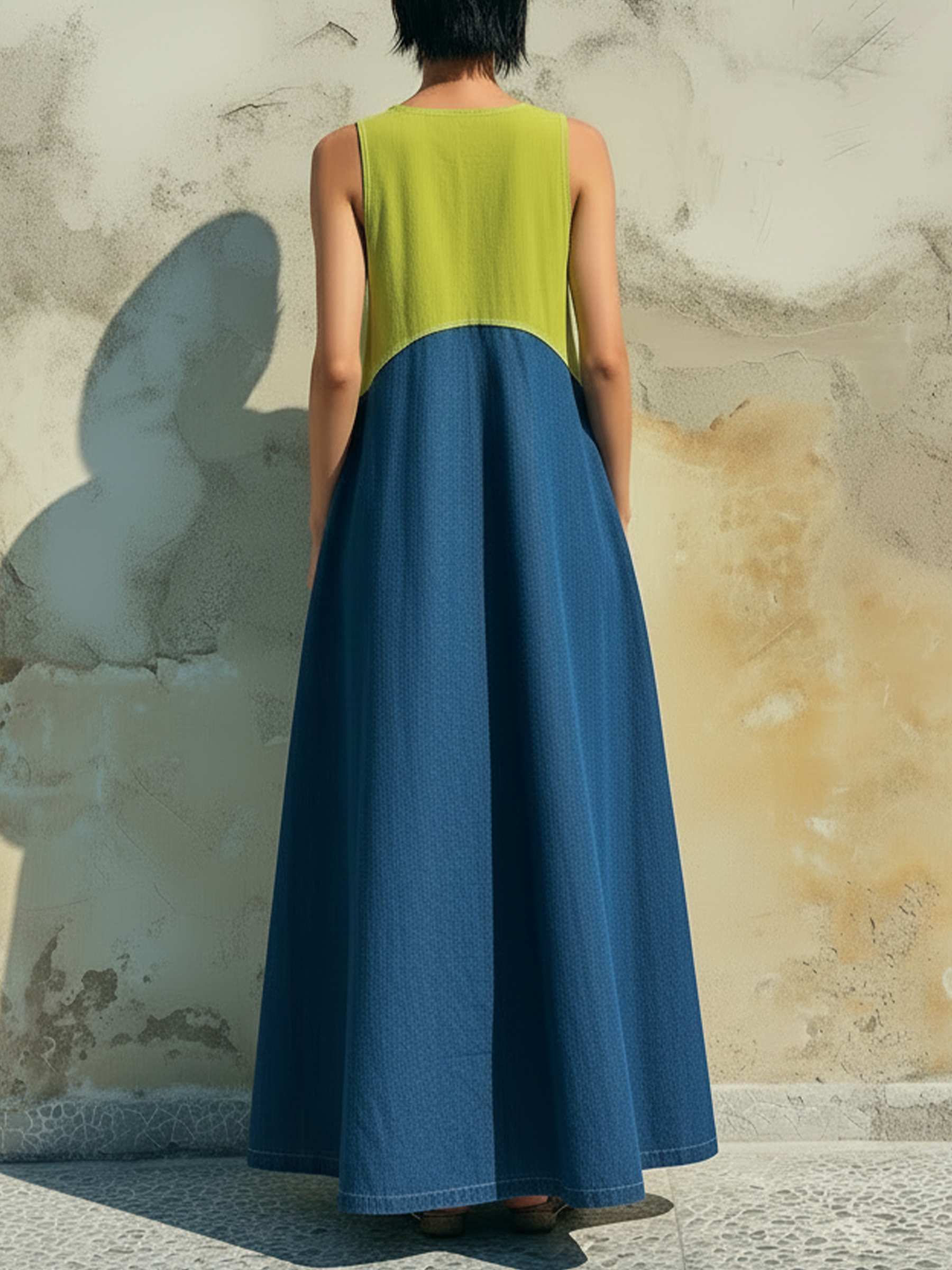 Blue & Green Colorblock Tencel Denim Sleeveless Maxi Dress