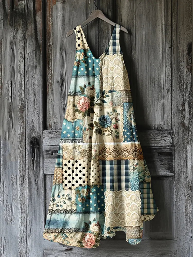 Women's Vintage Floral Patchwork Art Linen Dress fcdb
